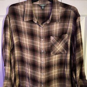 NWT Terra & Sky Brown Plaid Button Front Woven Shirt